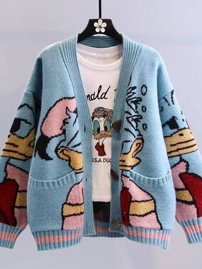 Blue Cartoon Print Open-Front Women's Cardigan Sweater
